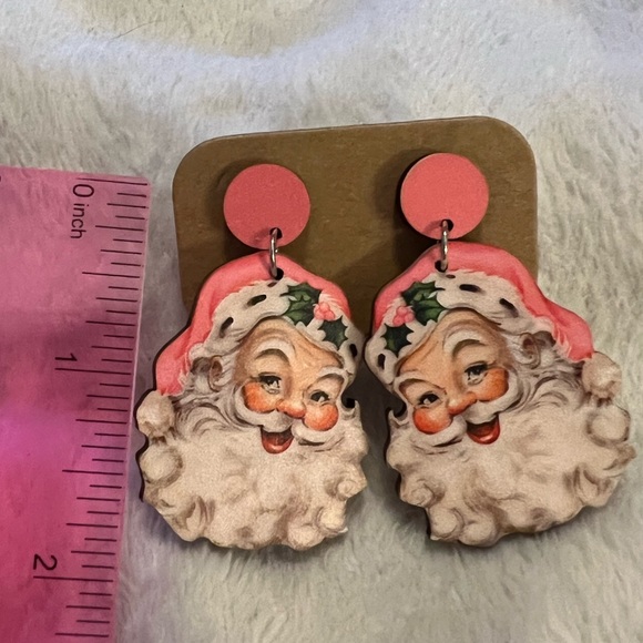 Jewelry - Vintage style art pink Santa Christmas wooden earrings
